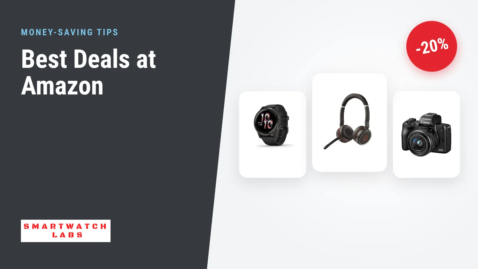 Garmin smartwatch, headset and camera next to a -20% sale badge